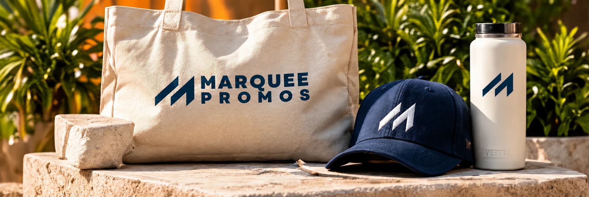 Marquee Promos branded tote, cap, and reusable bottle in a timeless merchandise arrangement