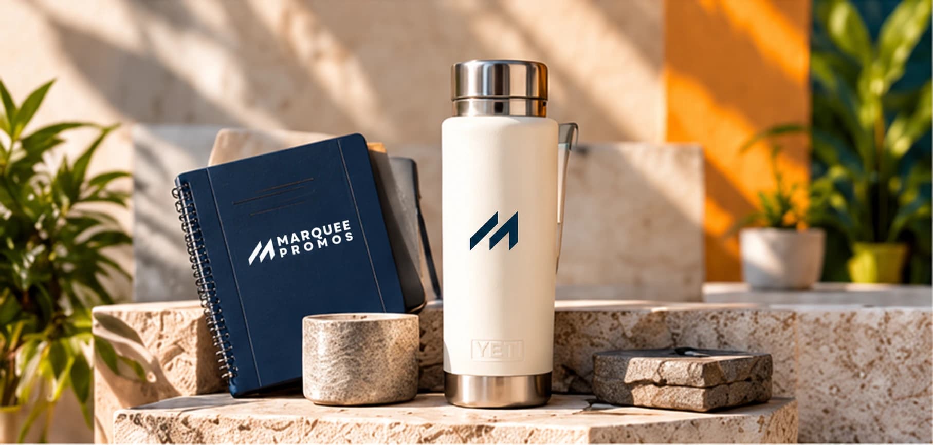 Marquee notebook and bottle in warm natural light
