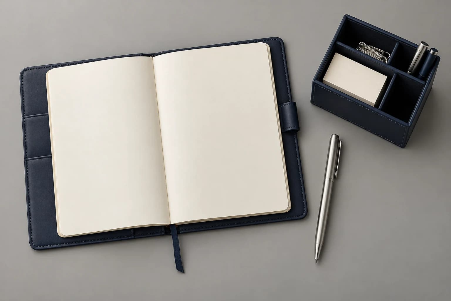 Illustrative desk and office merchandise arrangement
