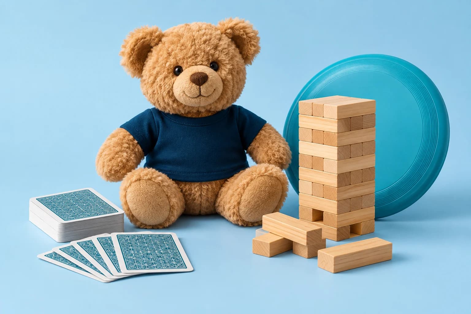 Illustrative arrangement of a plush teddy bear, playing cards, wooden game and flying disc